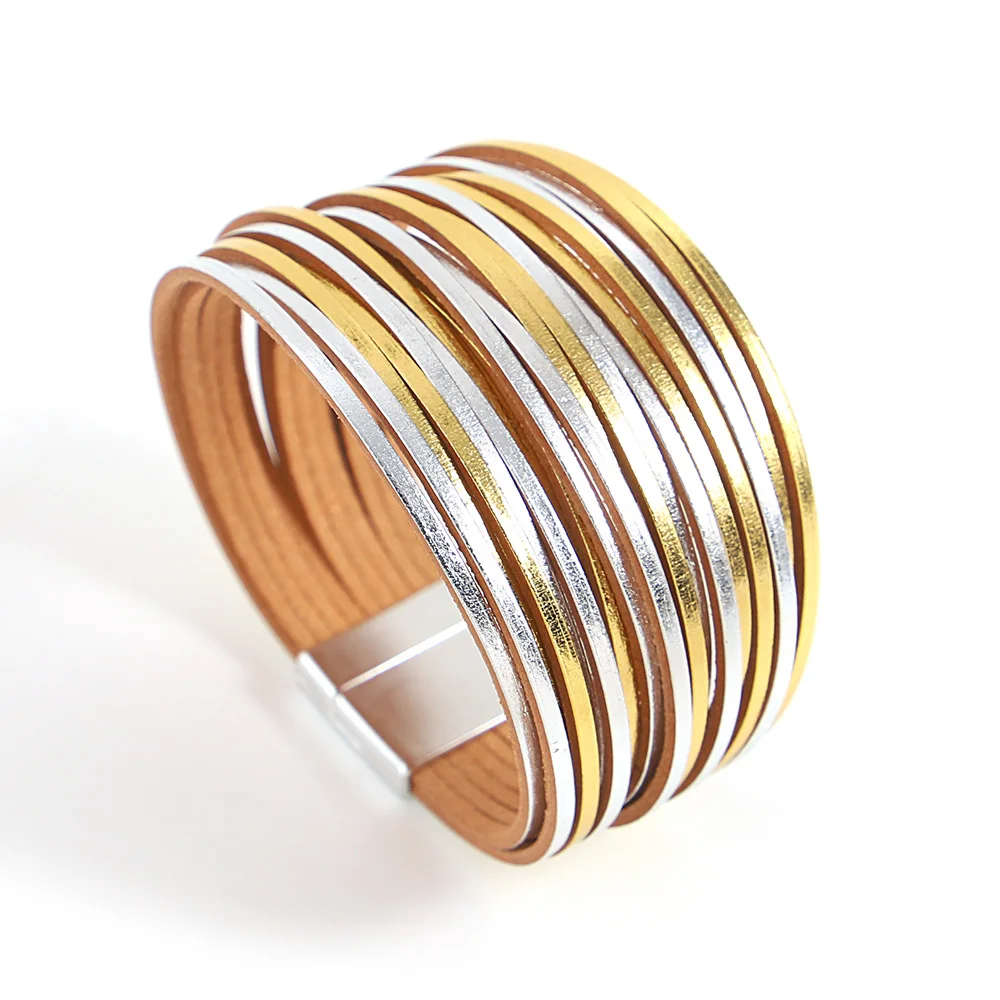 ALLYES Trendy Kleurrijke Lederen Armband voor Vrouwen Mannen Boho Multilayer Slanke Strips Wrap Brede Bangle Armbanden Party Sieraden Geschenken