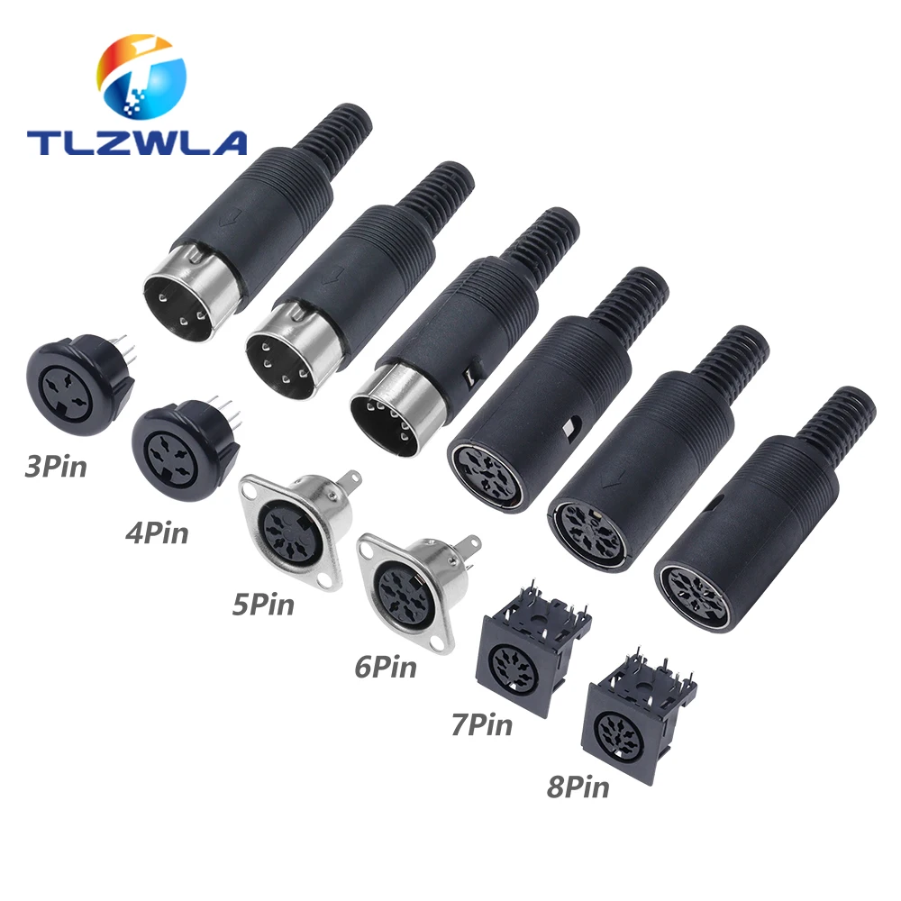 Solder Connector DIN 3 4 5 6 7 8 Pin DIN Male Female Plug with Plastic Handle + Female Socket Hulled Panel Mount Chassis