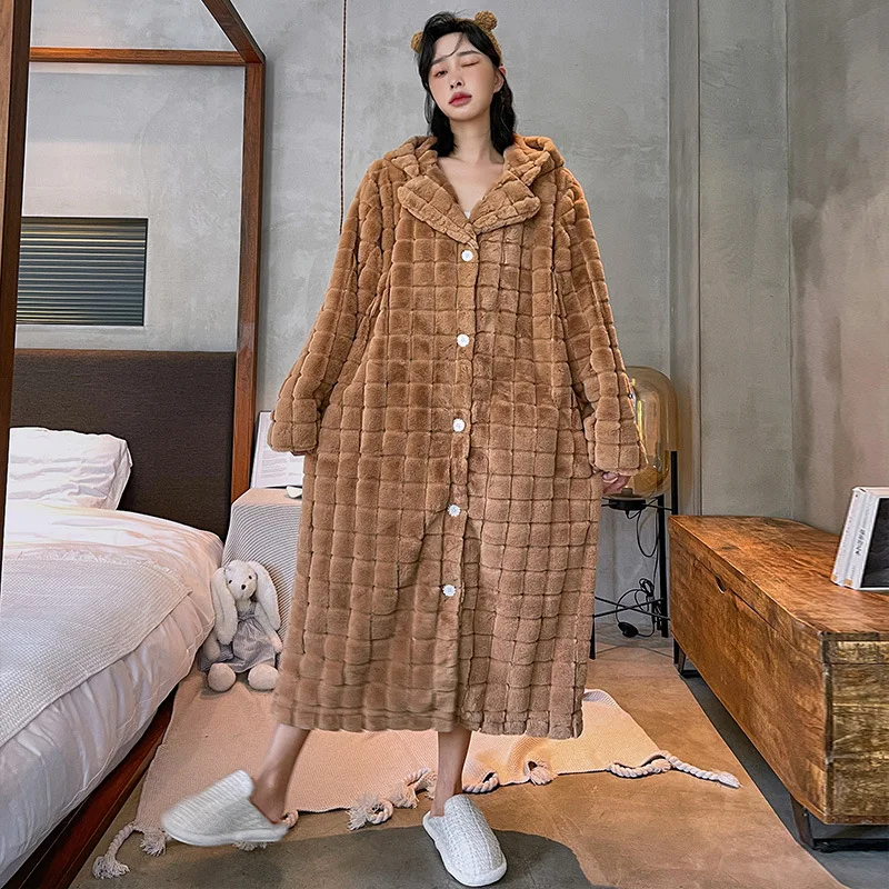 Plaid Kimono Robe Gown With Hoodies Double-Layer Thickened Sleepwear Winter Nightgown Lengthened Coral Fleece Bathrobes