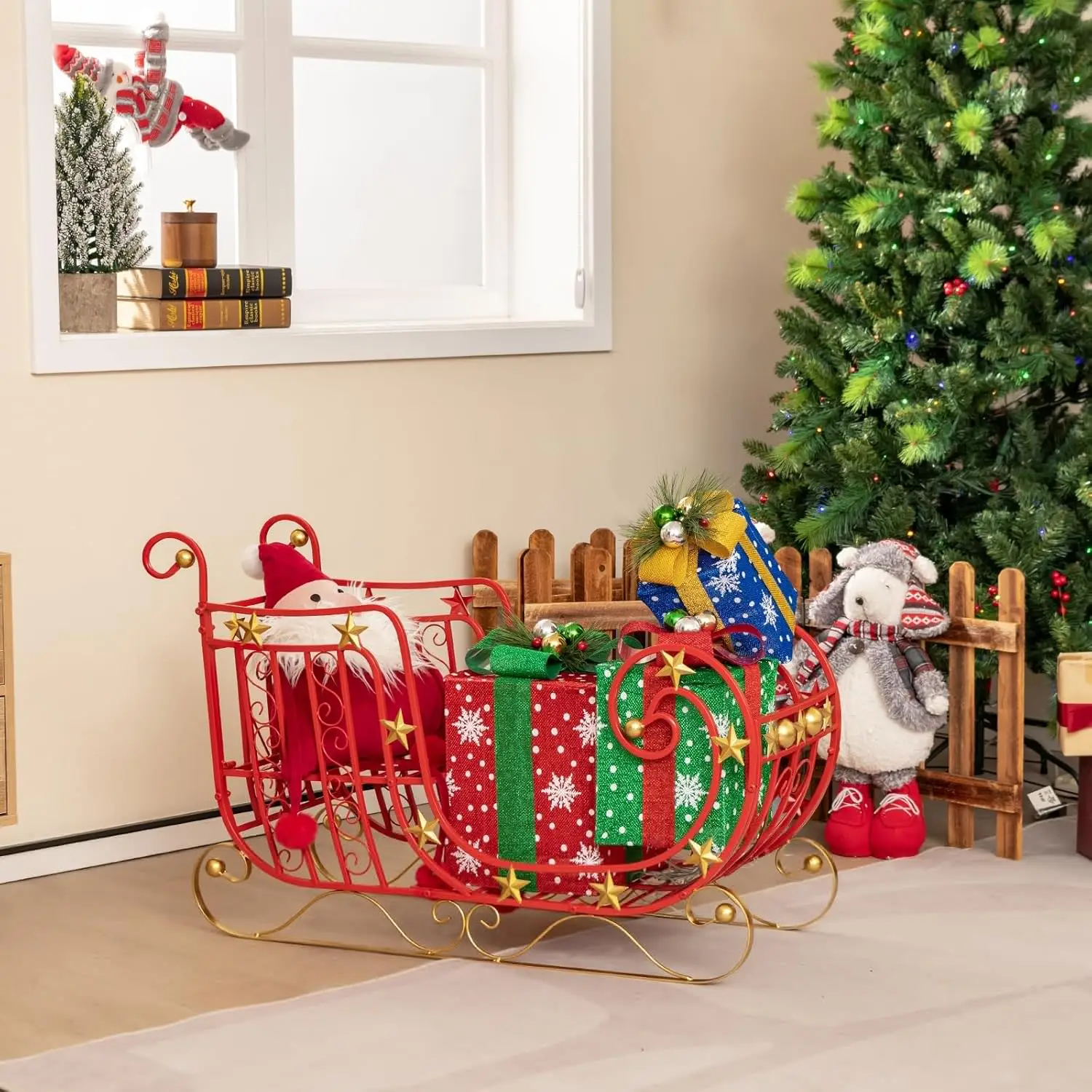 Christmas Santa Sleigh with Large Cargo Area for Gifts, Xmas Decor with Golden Stars & Elegant Scrollwork for Home Office