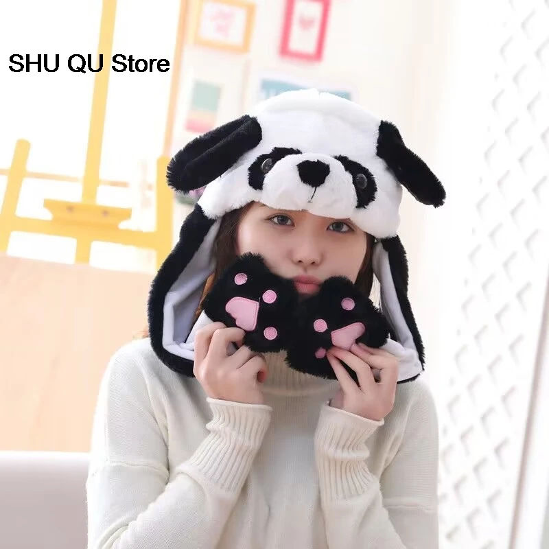 2024 New  Panda Women's Hat Beanies Plush Can Moving Bunny Ears Hat with Earflaps Movable Ears Boys Girls Children's Animal Caps