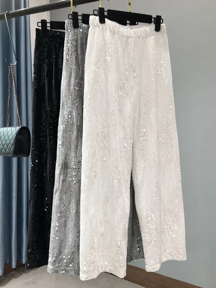 2024 Winter new embroidered sequin straight-leg pants Shiny BINGBING personality suede wide leg pants mopping pants