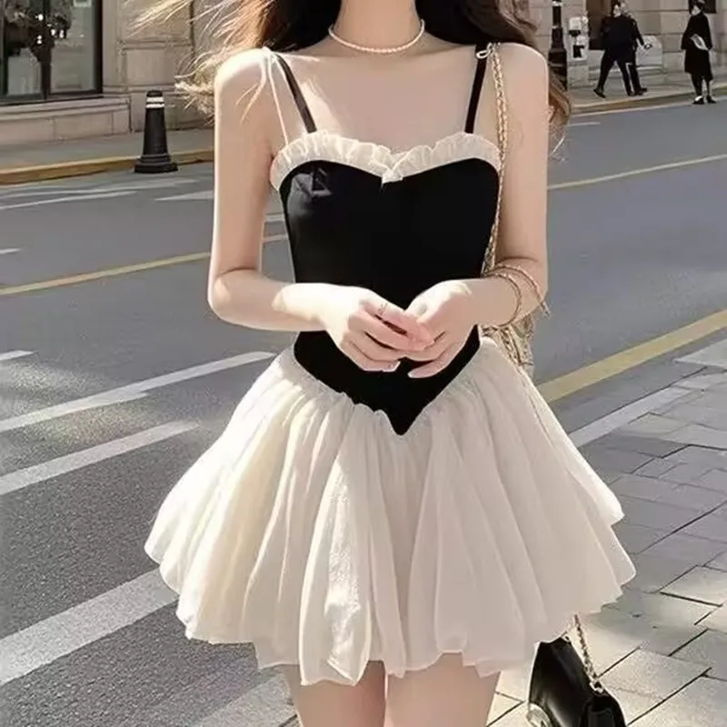 French Tulle Patchwork Dress 2026 Women Sexy Nightclub Party Mini Dress Summer Female Eye-catching Halter Dress Vacation Dress