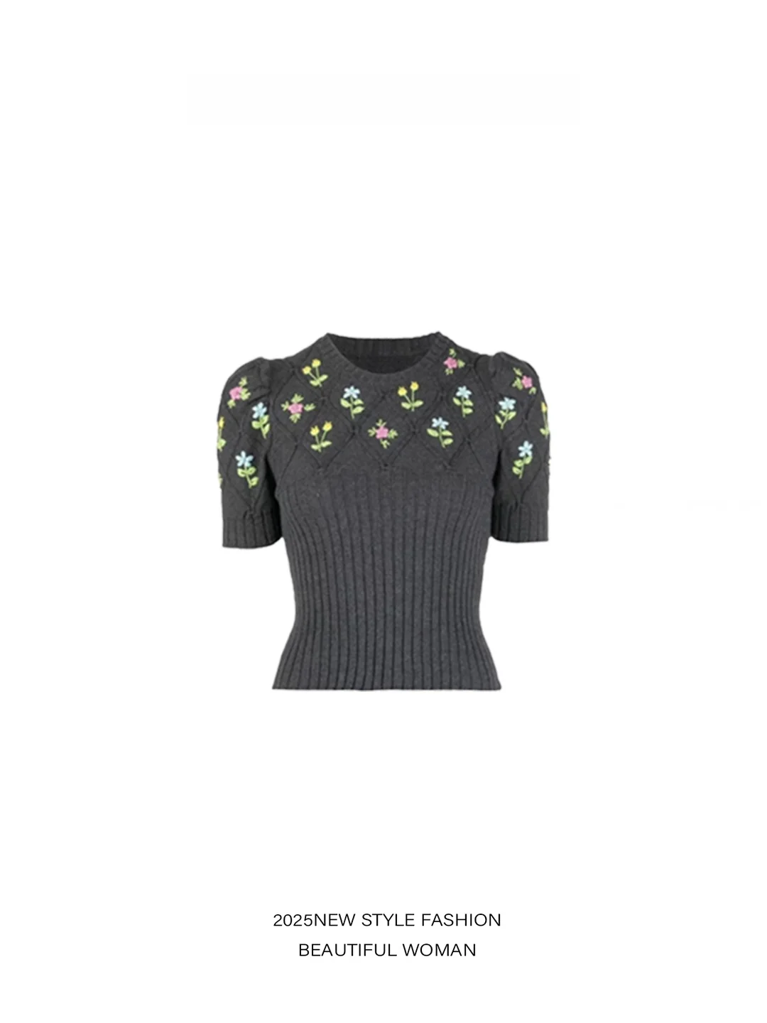 

Вязаный топ с вышивкой в стиле ретро, женский, приталенный, с высокой талией, для повседневной носки, летний, с круглым вырезом