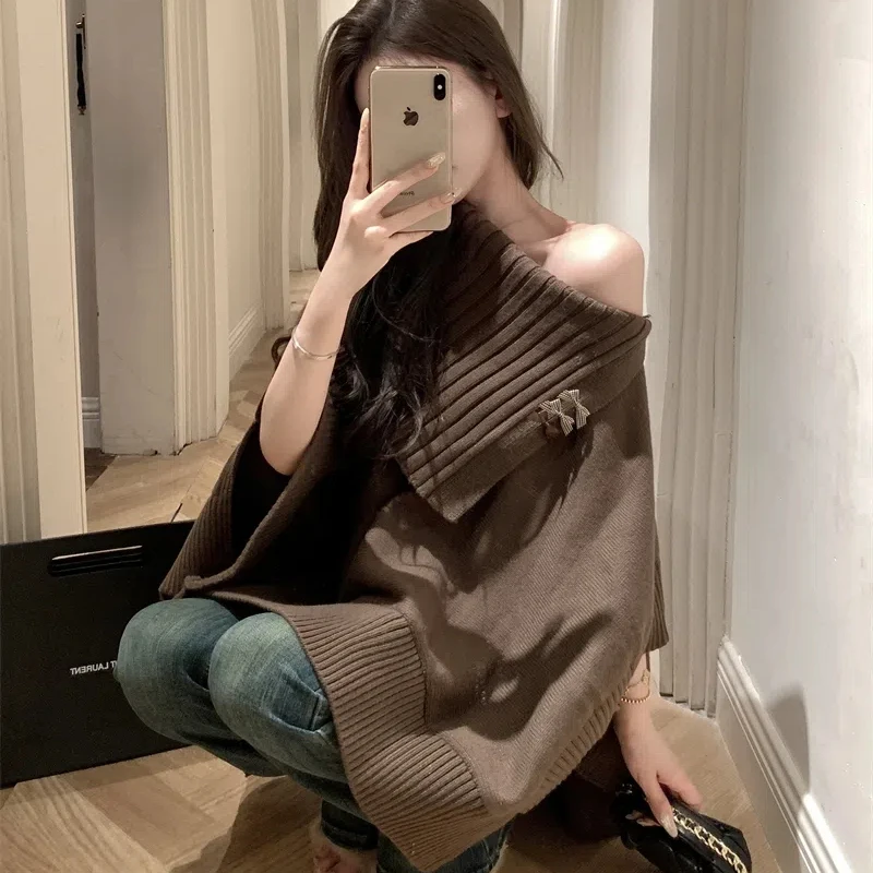 Lazy Style Loose Design Sense Cloak Sweater Autumn Winter New High-end Feeling Irregular Soft Comfortable Commute Top Ladies