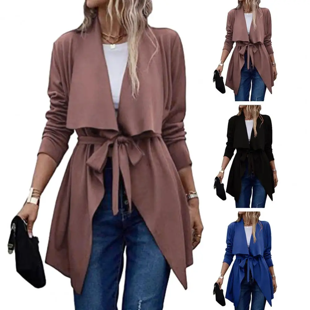 Gabardina de Color liso para mujer, abrigo elegante de longitud media con cinturón y cuello de solapa, diseño de Color sólido para primavera y otoño, prendas de vestir