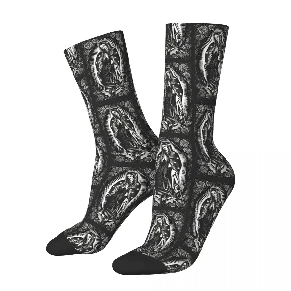 Virgen Mary Rose Wall In Black White Socks Fashion Stockings Unisex Men Quality Skateboard Socks Winter Printed Non Slip Socks