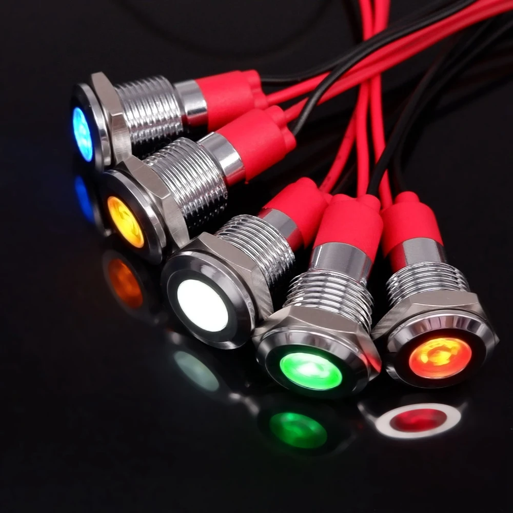 10mm Metal Indicator Light LED Waterproof Signal Lamp 3V 6V 12V 24V 110V 220V With Wire Red Orange Blue Green White Metal Button