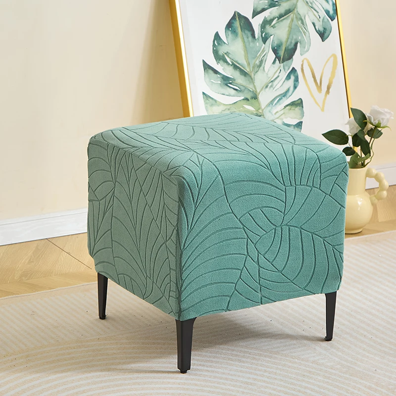 1PC Leaf Jacquard Ottoman Cover Elastic Square Footrest Cover Solid Color Dustproof Footstool Slipcover for Bedroom Party Hotel