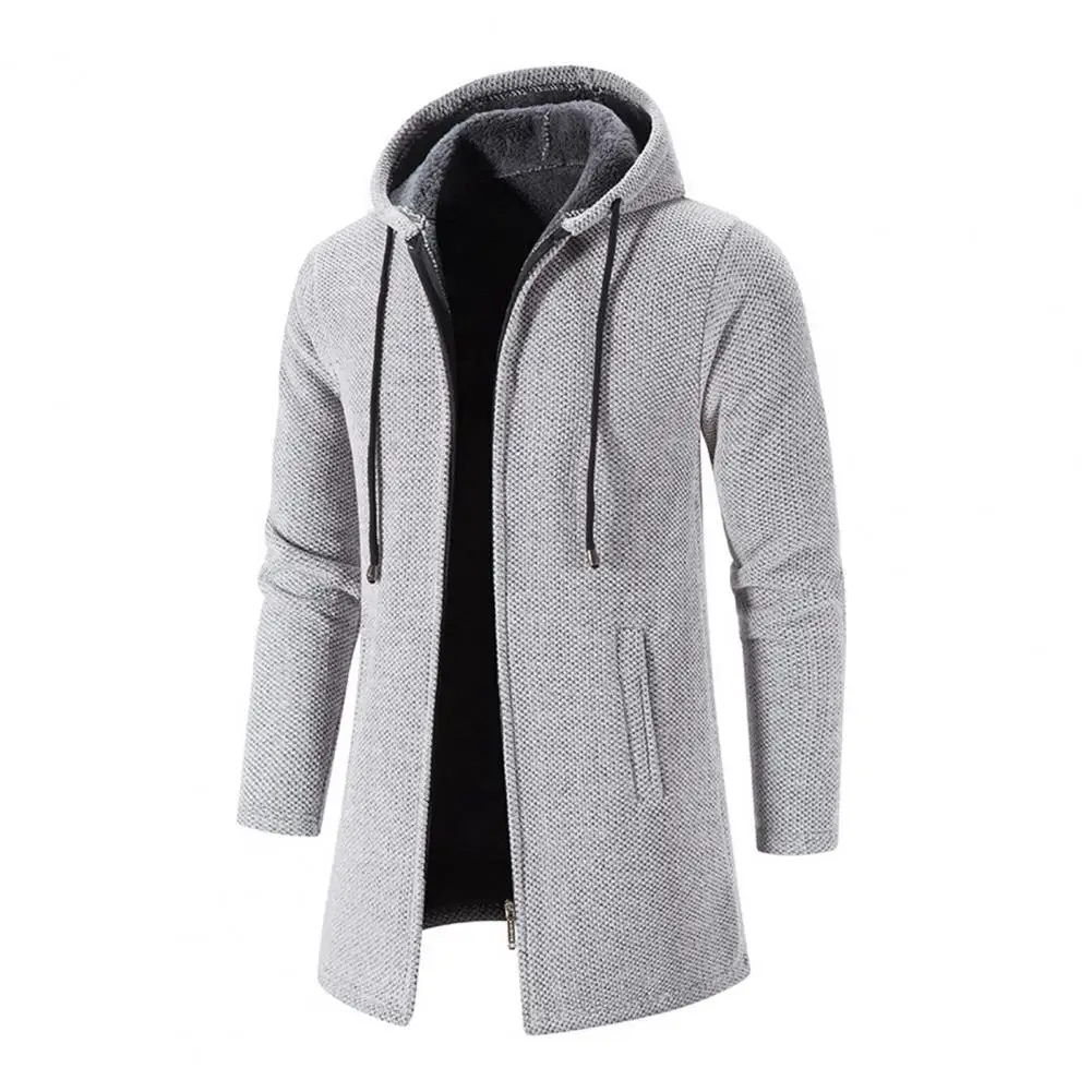 Abrigo de punto para hombre, chaqueta de Color sólido de manga larga con cordón y capucha, chaqueta de invierno cálida de longitud media con solapa y cremallera