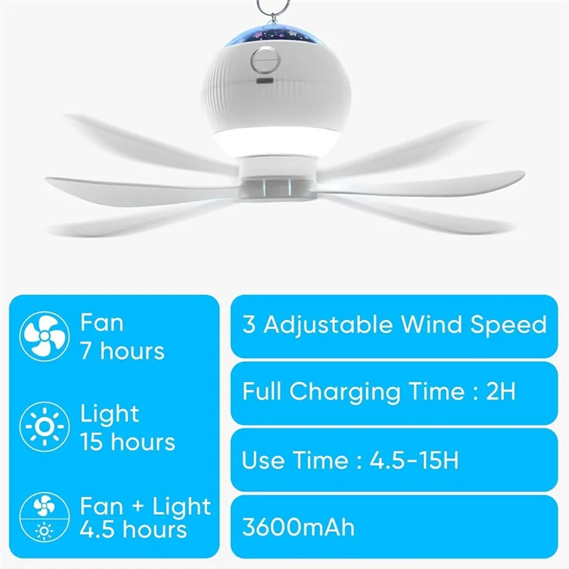 A98E-Ceiling Fans With Lights & Starry Projection 3 Adjustable Wind Speed For Car RV Survival Kit Camping Essentials