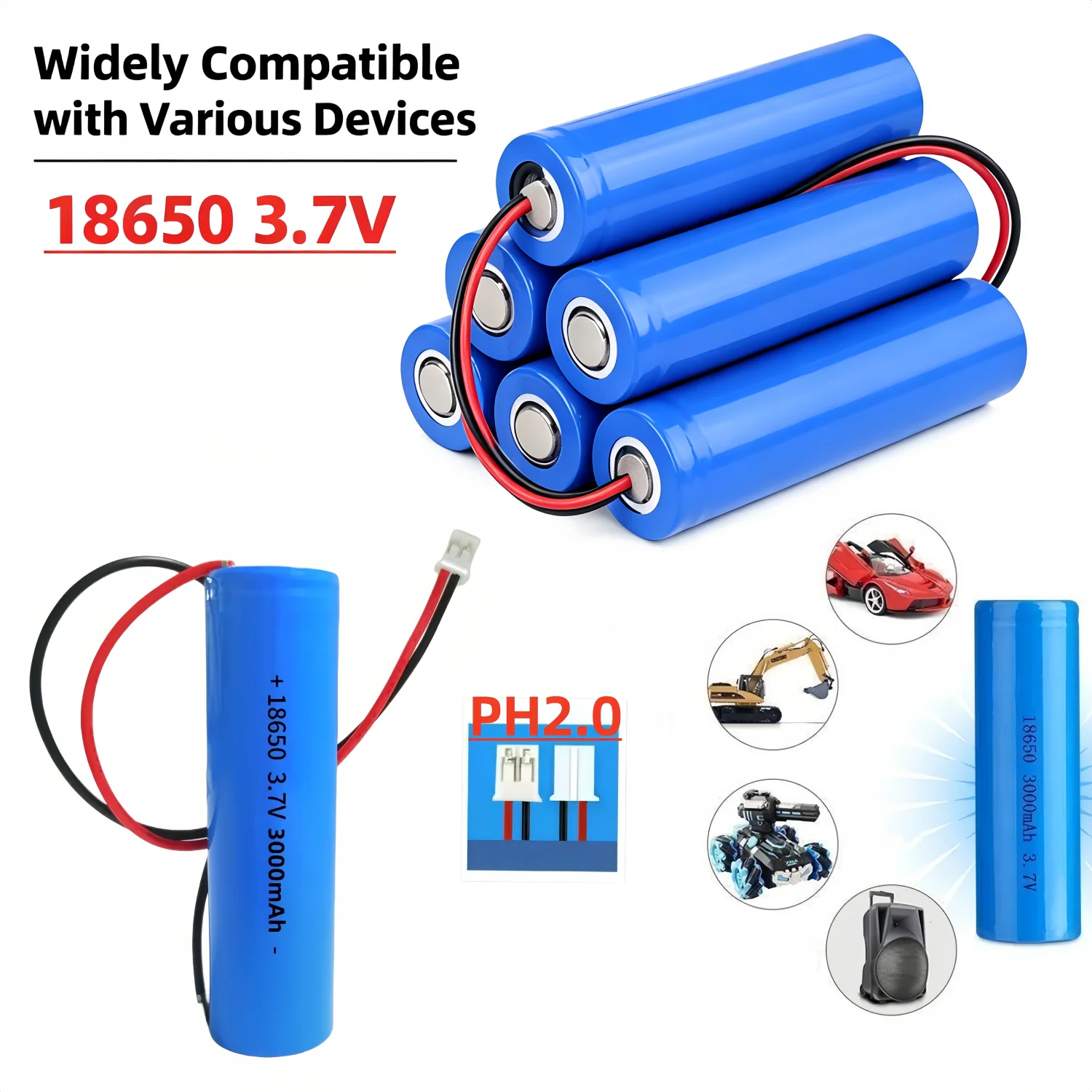 18650 3.7V 2000mAh PH2.0 Plug Li-ion Batteries  Rechargeable Lithium Battery with PCB for Speaker Radio Headlight  Electronics