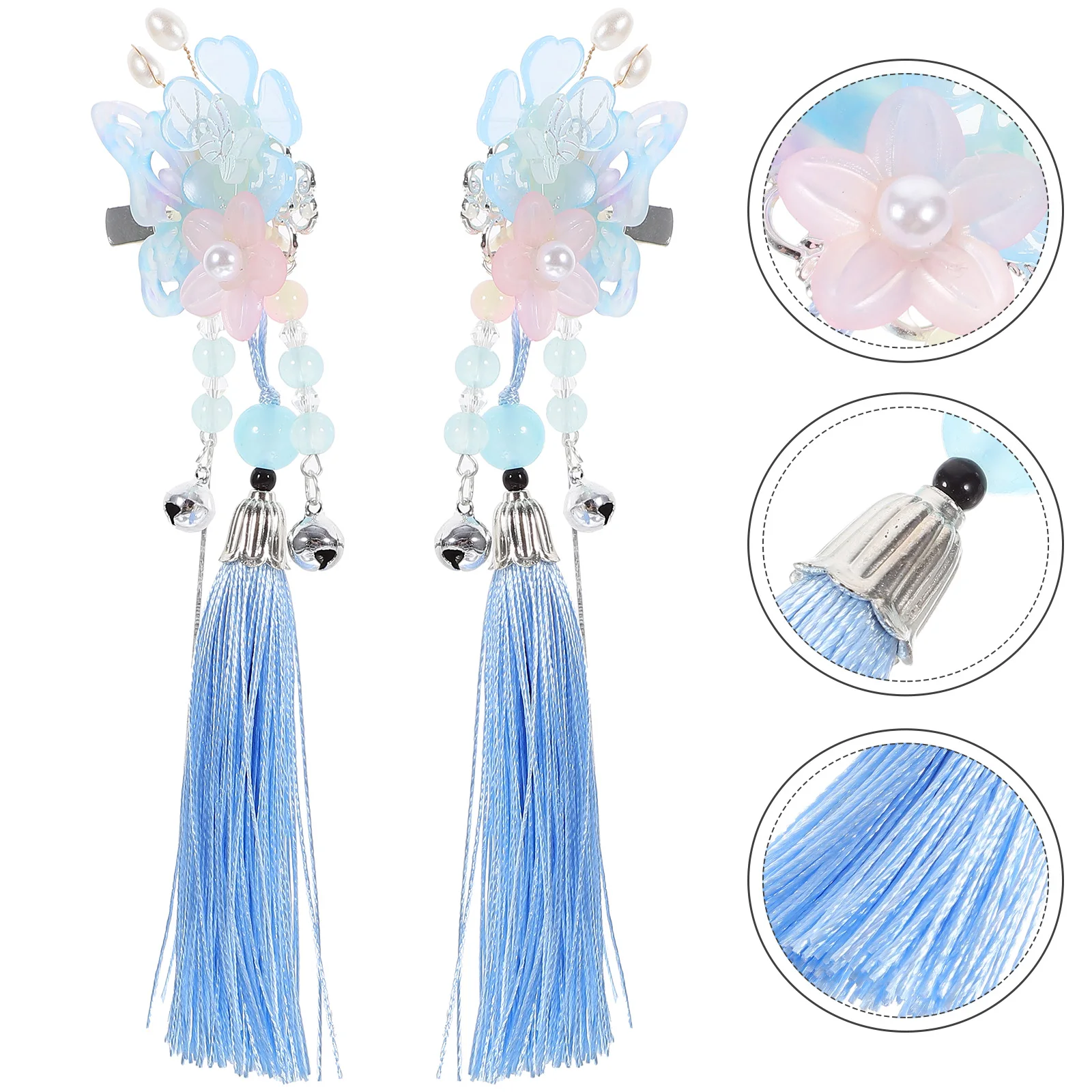 

1 Pair Blue Tassel Hair Clips Chinese Style Butterfly Flower Alloy Accessories Teen Girls Bridal Hanfu