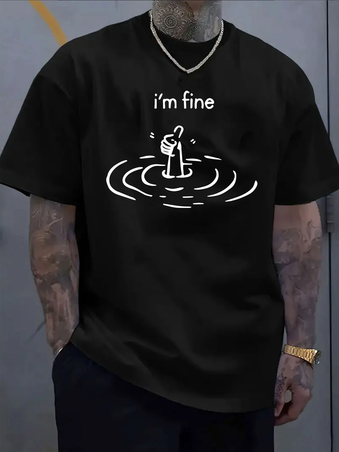 Humorous Oversized T-Shirt For Men Featuring A 'I'M Fine' Message With A Design Of Floating Hands. This Lightweight Summer Tee I