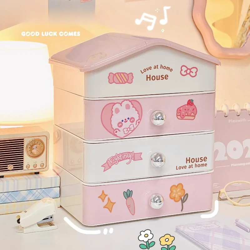 

Desktop Cute House Storage Box Multi-functional Cosmetic Organizer Stackable Kawaii Desk Office Drawer Stationery Storage Rack