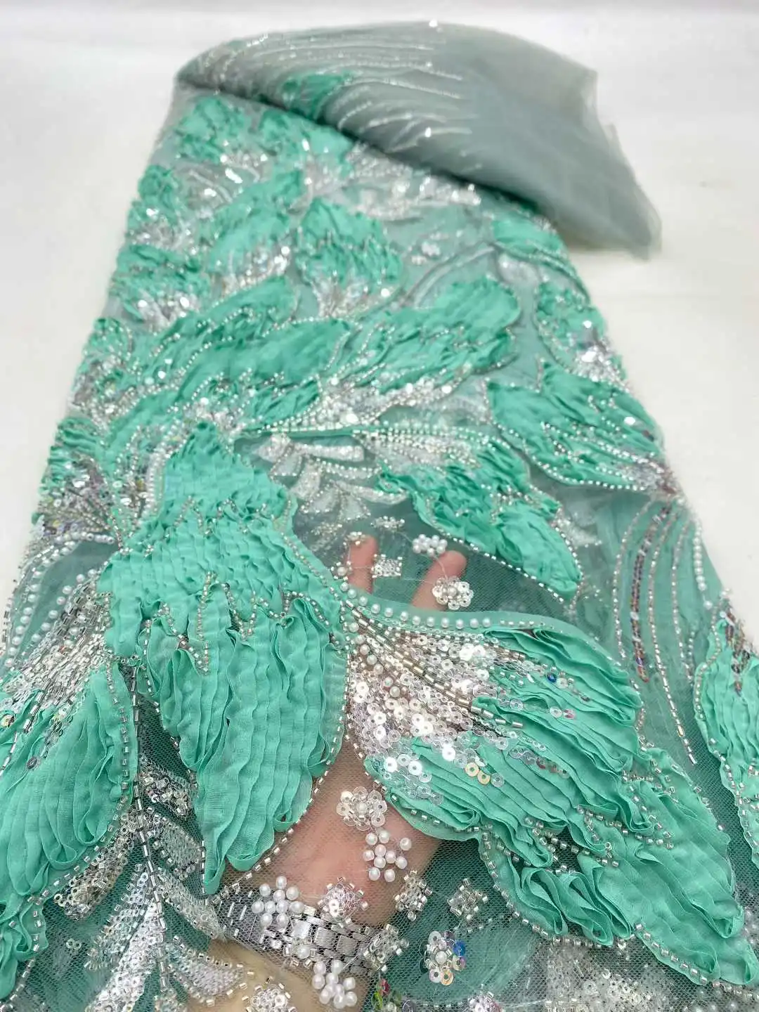 5 jardów afrykańskiej koronki, wysokiej jakości francuska koronka z haftem 3D, cekinami, koralikami i tiulem, idealna na sukienki imprezowe, rok 2025.