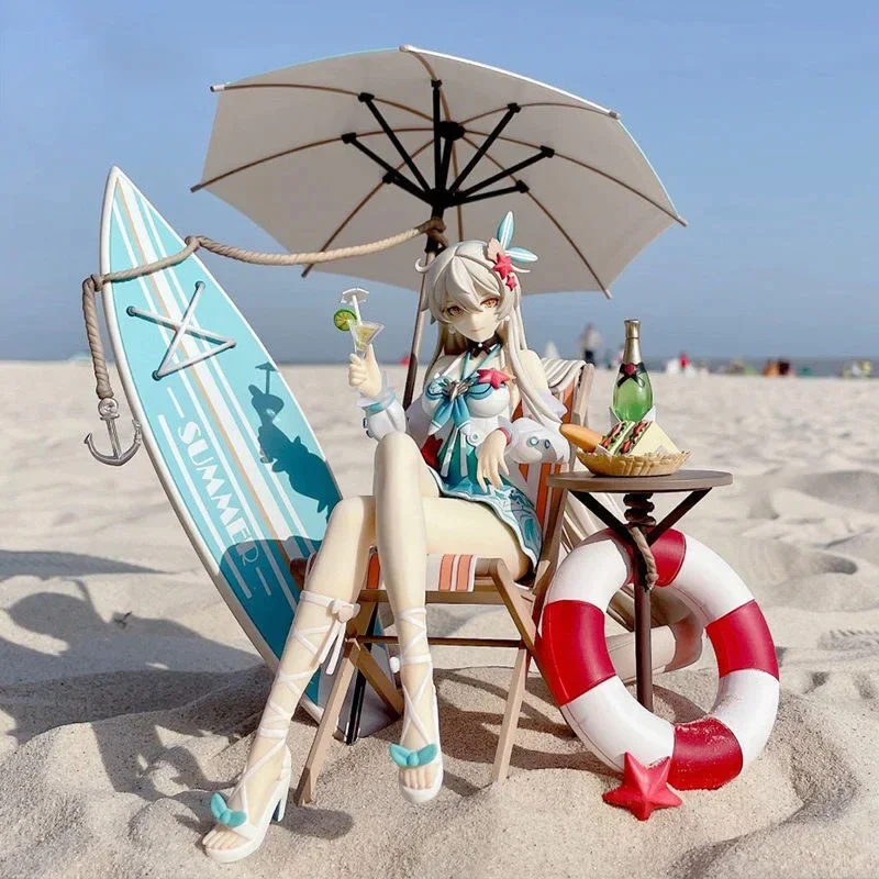 25cm Honkai Impact 3 Kiana Kaslana Anime Action Figure Sand Beach Shade Model Doll Children Gift Collection Model Birthday Gifts