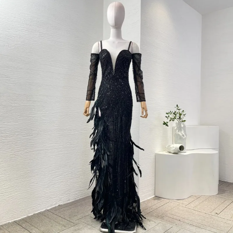 Women's Black Diamonds Sexy High Quality Beading Slim Fit Long Sleeve Feather Lace Maxi Dresses for Party 2025