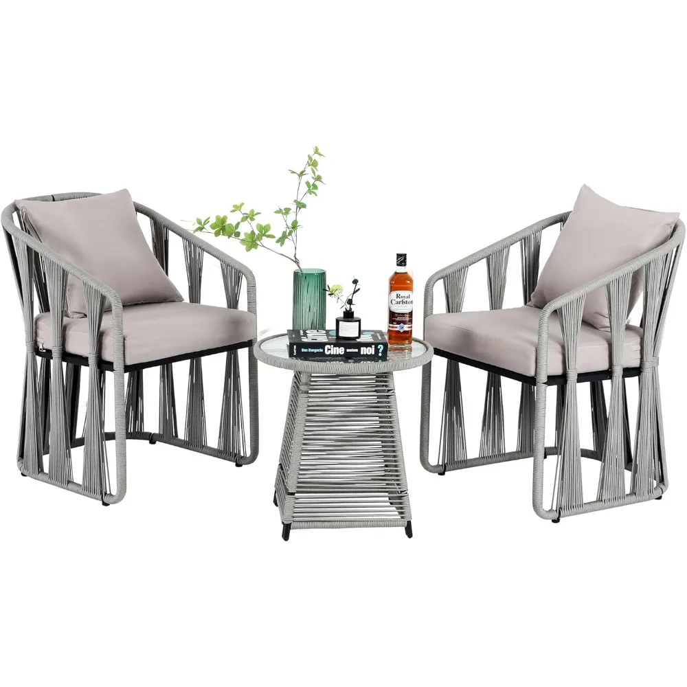 

DYHOME 3 Pieces Outdoor Patio Furniture Set Woven Rope Chairs, Outdoor Chairs with Table and Grey Soft Cushions,Ideal for Yard,G