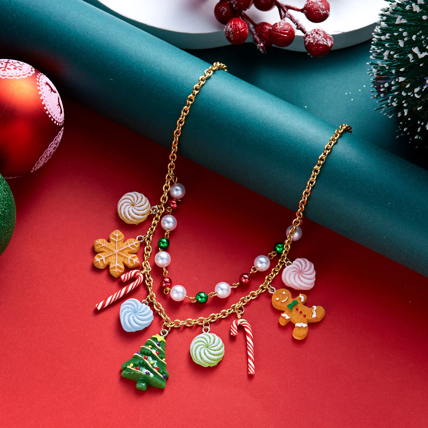 Cute Christmas Layered Necklace For Women Gingerbread Man Xmas Tree Candy Cane Snowflake Pendant Choker Party Holiday Jewelry
