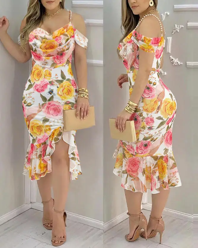 

Women's New Watercolor Printed Mesh Pleated Dress with Elastic Pearl Strap and Round Neck Slit Slim Fit Dress