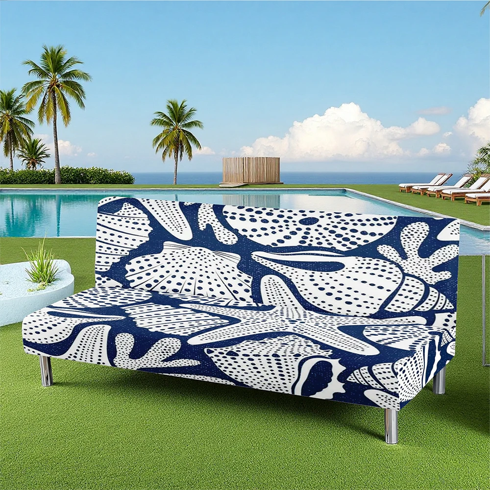 Nautical Shell Starfish Printed Summer Outdoor Sofa Bed Cover, Milk Silk Elastic Fitted Slipcover, Machine Wash