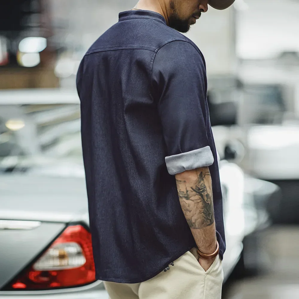 

Винтажная однобортная джинсовая рубашка с потертым круглым вырезом, повседневные однотонные рубашки с длинными рукавами для мужчин, осень