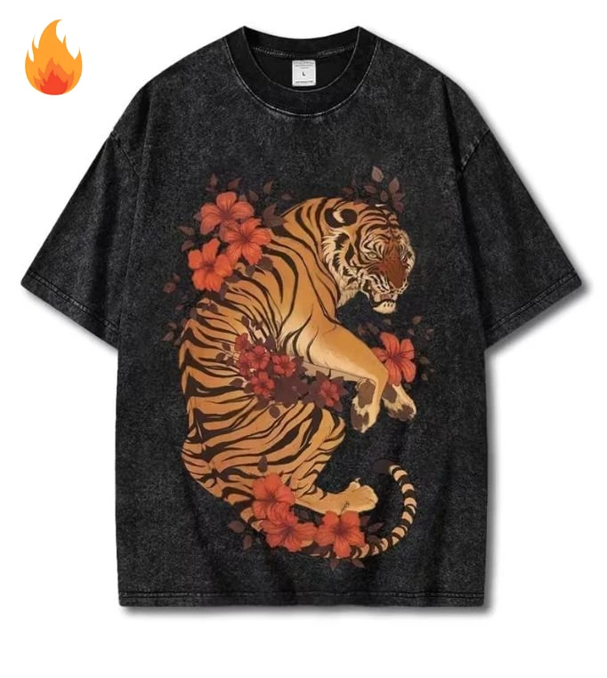 Unisex Oversized 100% Cotton Vintage Washed Black T Shirt Y2K Grunge Tiger Floral Graphic Tee Short Sleeve Harajuku Streetwear Plus Size Casual Tops