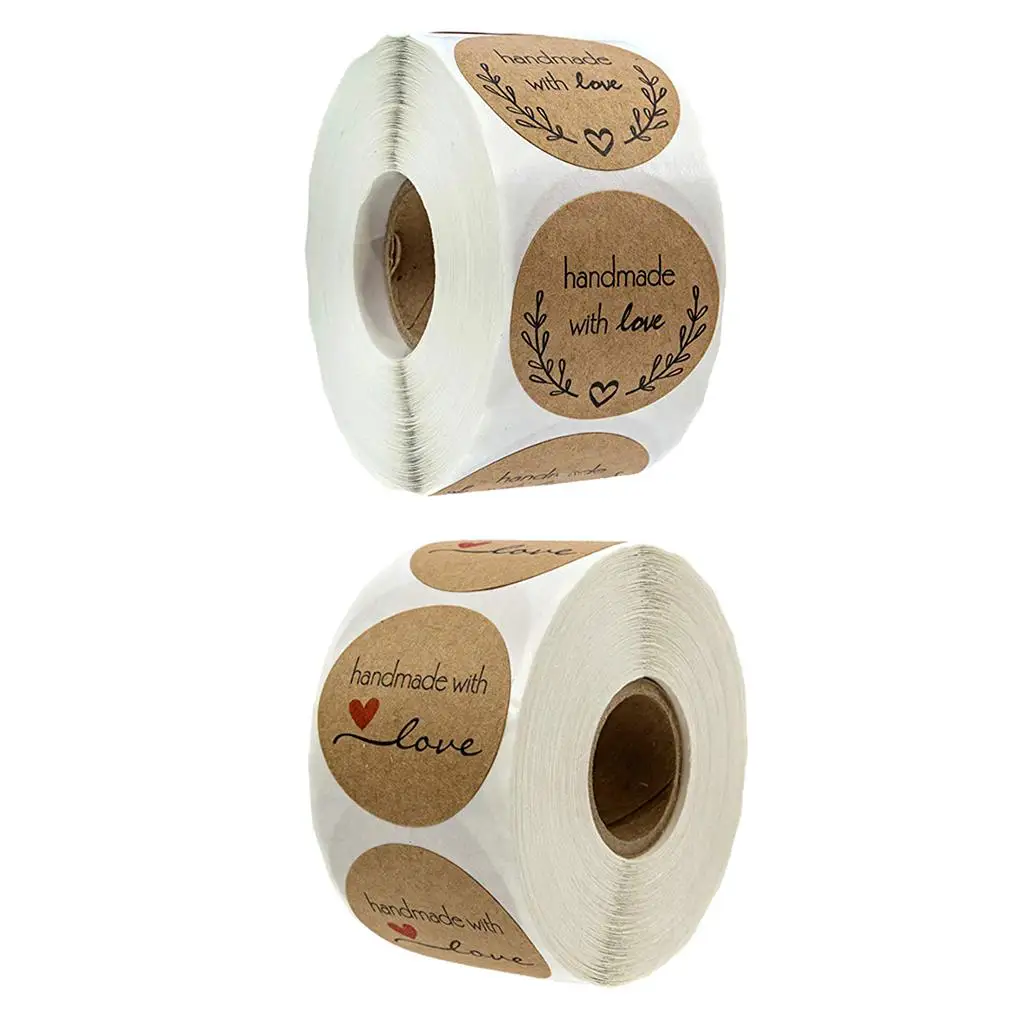 Kraft Paper Stickers 500pcs Self Adhesive Handmade with Love Label for Scrapbook Kitchen Party Decor