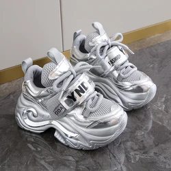 2024 Autumn Women Chunky Sneakers Breathable Mesh Casual Shoes 8CM Heels Fashion Trainers Lace-Up Platform Dad Shoes Woman
