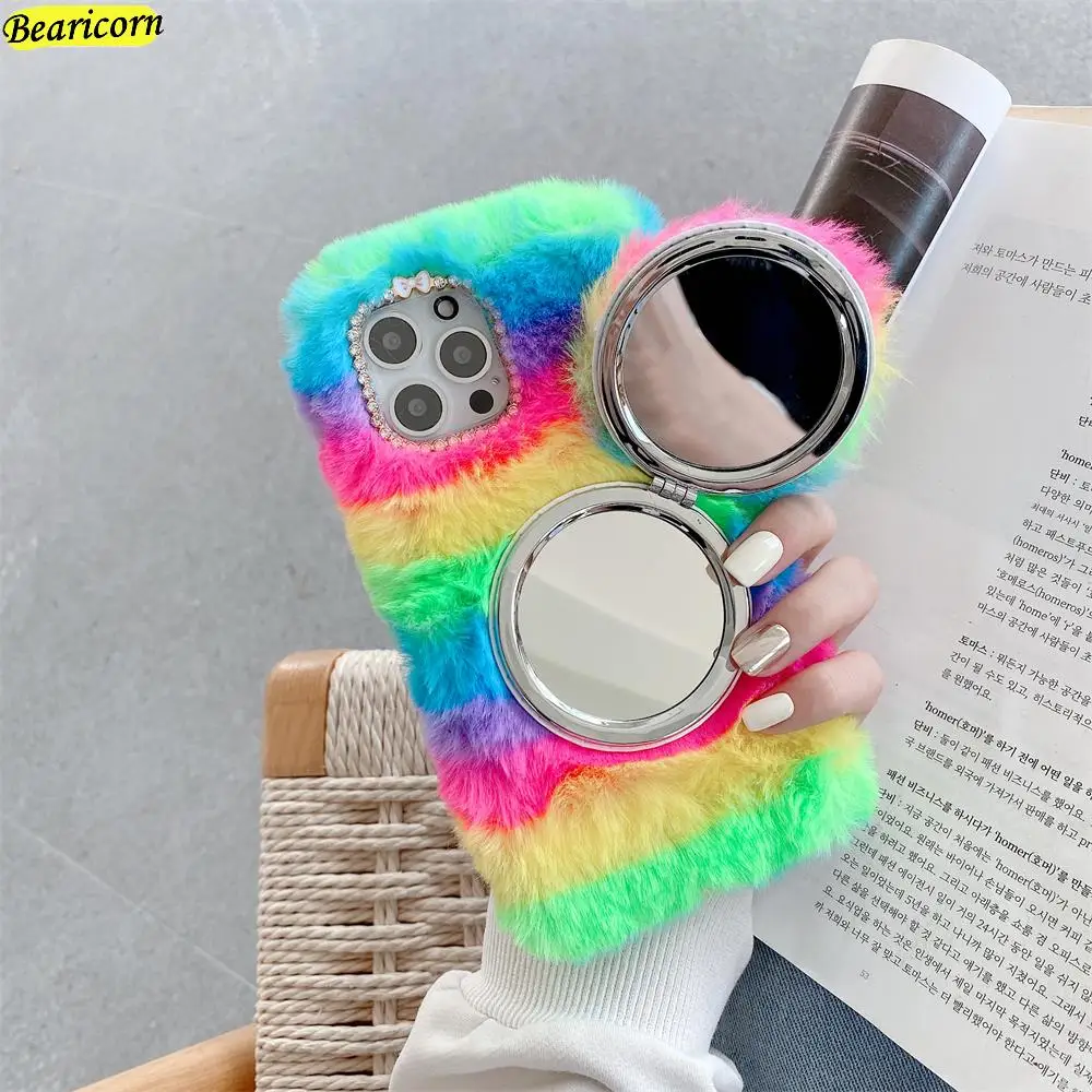 Soft Plush Phone Case For Xiaomi Redmi Note 4 4X 5 5A 6 7 8 9 10 Pro Max 8T 9S 9T 10S 10T Rainbow Furry Warm Fur Hairy Cover