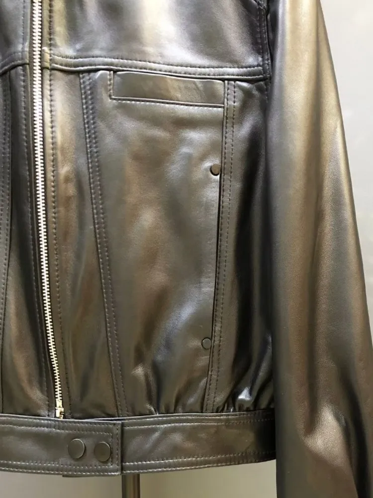 Estilo conciso cor sólida couro genuíno feito à mão jaqueta solta manga longa pele de carneiro zíper bolso feminino casaco de alta qualidade