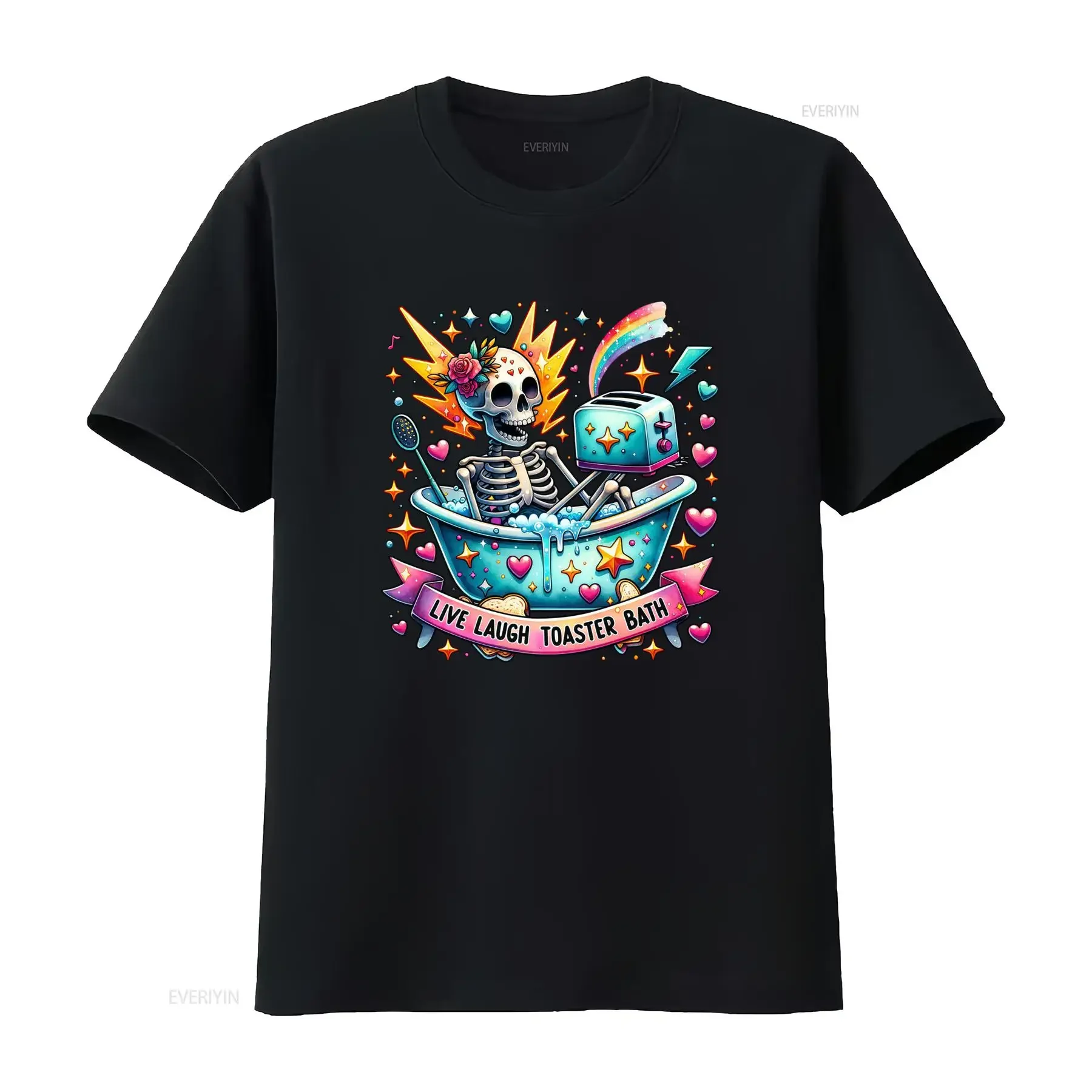 Live Laugh Toaster Bath T Shirt Sarcastic Dark Humor Trendy Aesthetic with Skull in Bathtub Design vintage Washed homme Unisex