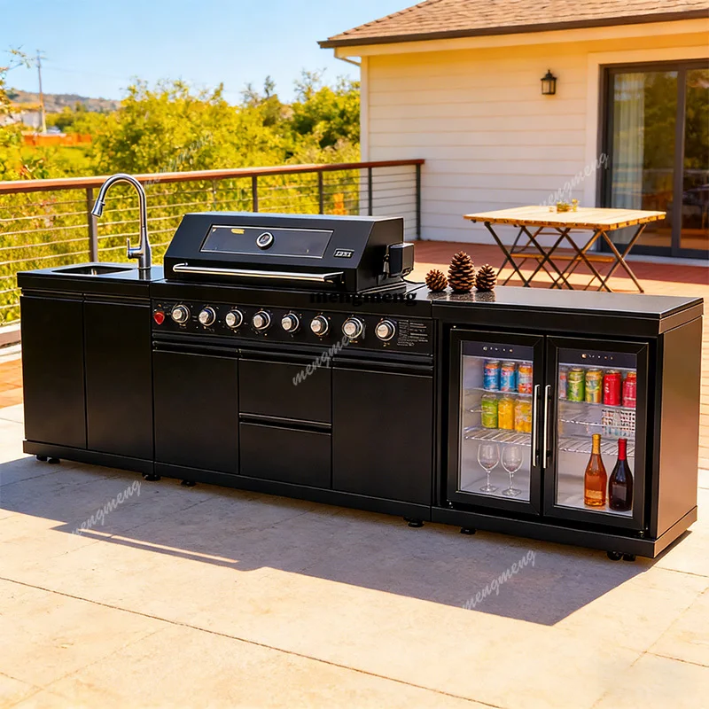 Modern Modular Functional Stainless Steel Outdoor Kitchen Cabinets With Grill Cooktop Sink Fridge LED For Backyard Patio Garden