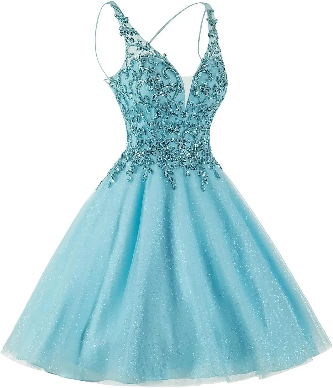 فستان دانتيل تول لحفلات العودة للوطن للمراهقين قصير بحزام سباغيتي DAMA Quinceanera فستان حفلة موسيقية مطرز سباركلي فوق الركبة، صغير