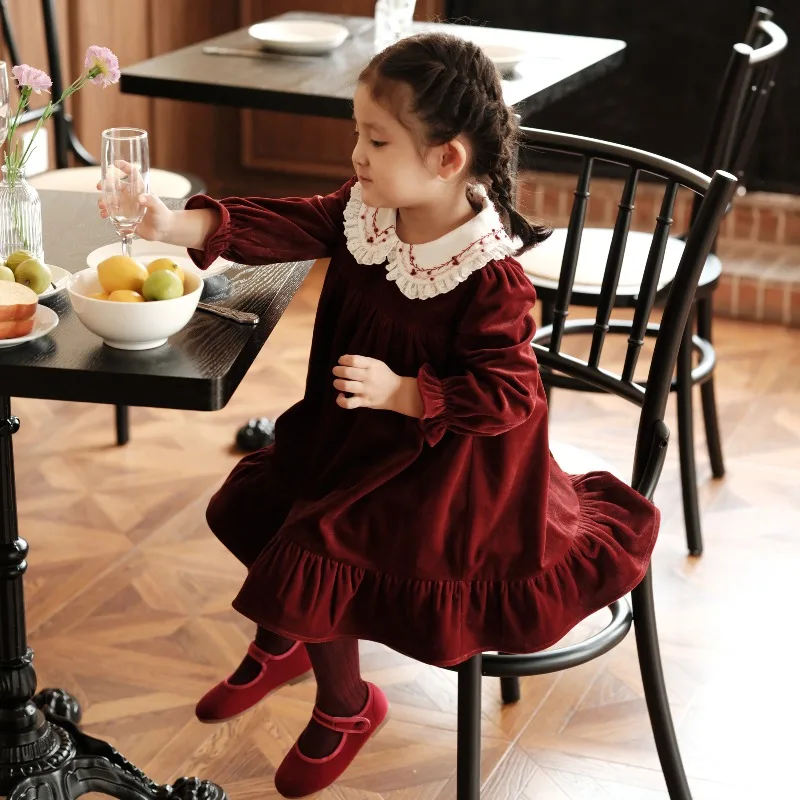 flower-girls'-velvet-dress-handmade-with-collar-thickened-autumn-and-winter-a-version-dress-kids-christmas-sweet-dress