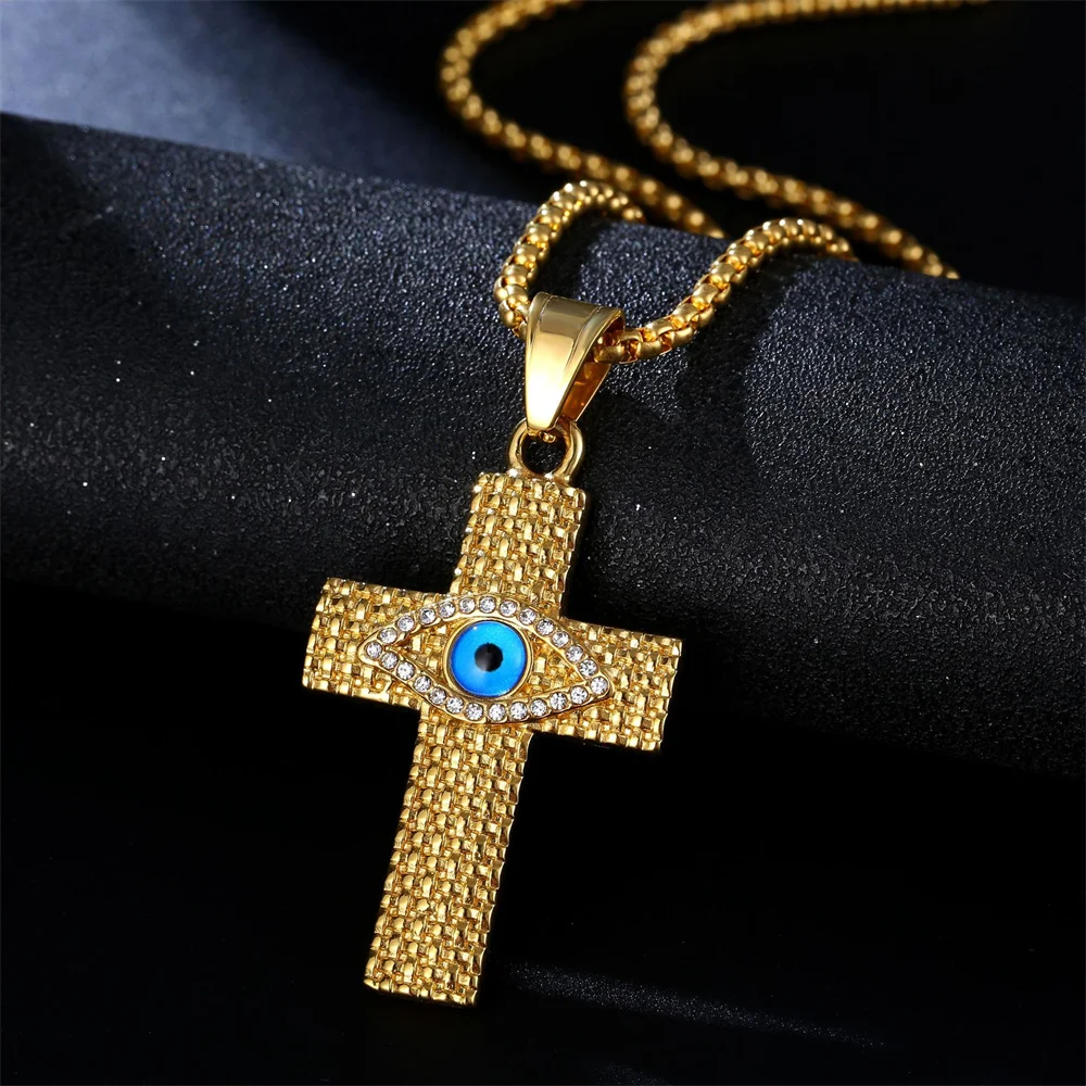 Anztilam No Fade Cross Eye 316L Stainless Steel Iced Out Pendant with Long Link Chain Necklaces for Women Men Hip Hop Jewelry