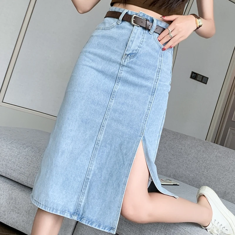 

Women Denim Skirt Spring Summer Korean Fashion High Waist Belt Split Blue Pencil Skirt Midi Ladies