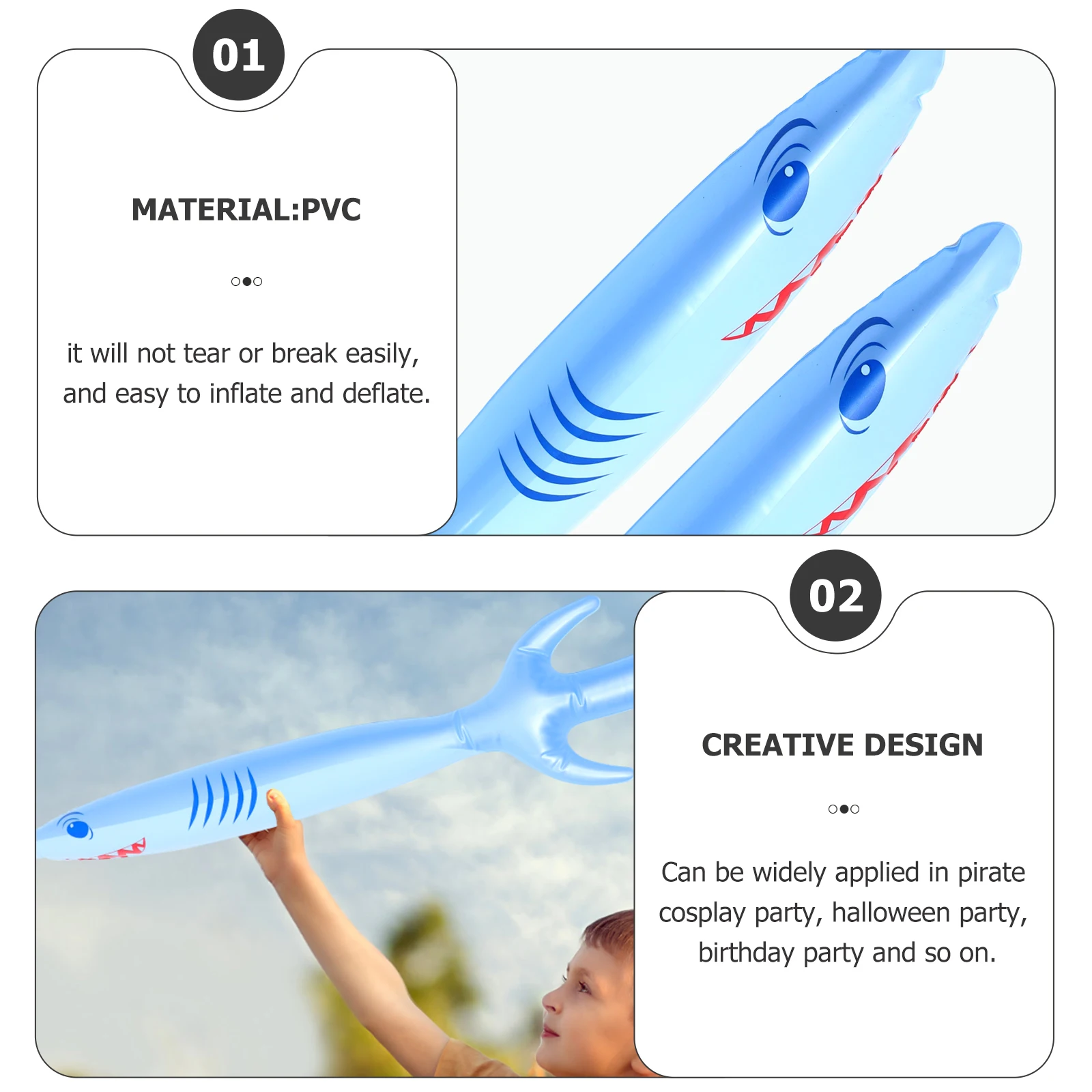 2Pcs Inflatable Pirate Swords Shark Pattern Cartoon PVC Material Easy Inflate Deflate Kids Pirate Cosplay Halloween Party