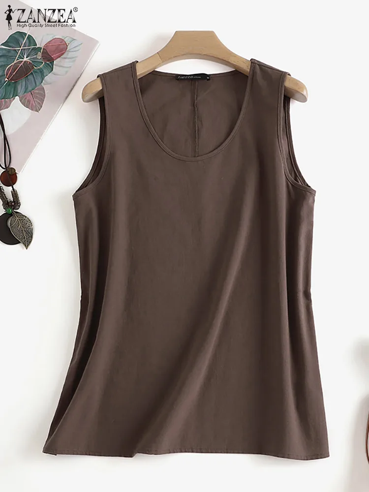 2024 ZANZEA Fashion Summer Beach Shirt Women O Neck Sleeveless Tanks Tops Female Party Solid Loose Blouse Elegant OL Work Blusas