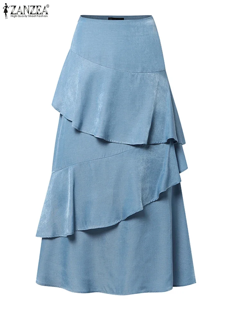 ZANZEA 2025 Summer Women Solid Long Skirt Fashion Ruffled Stitching Maxi Jupes Casual Loose High Waist Faldas Korean Overskirts