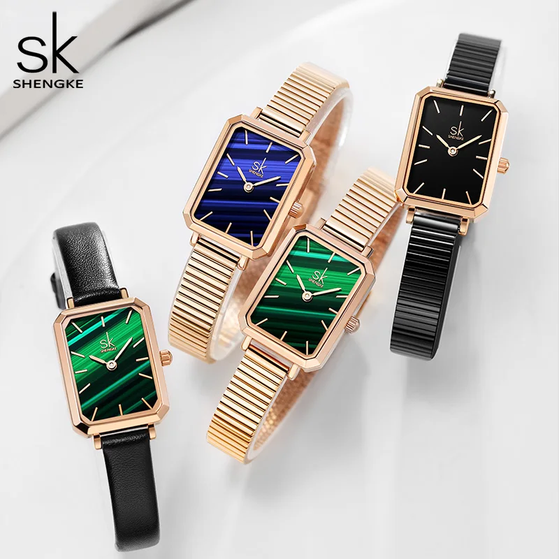 Women Watch Classic Green Dial New Design Band Watch For Women Shengke Rectangle Watch Women Relogio Feminino A Prova De Agua