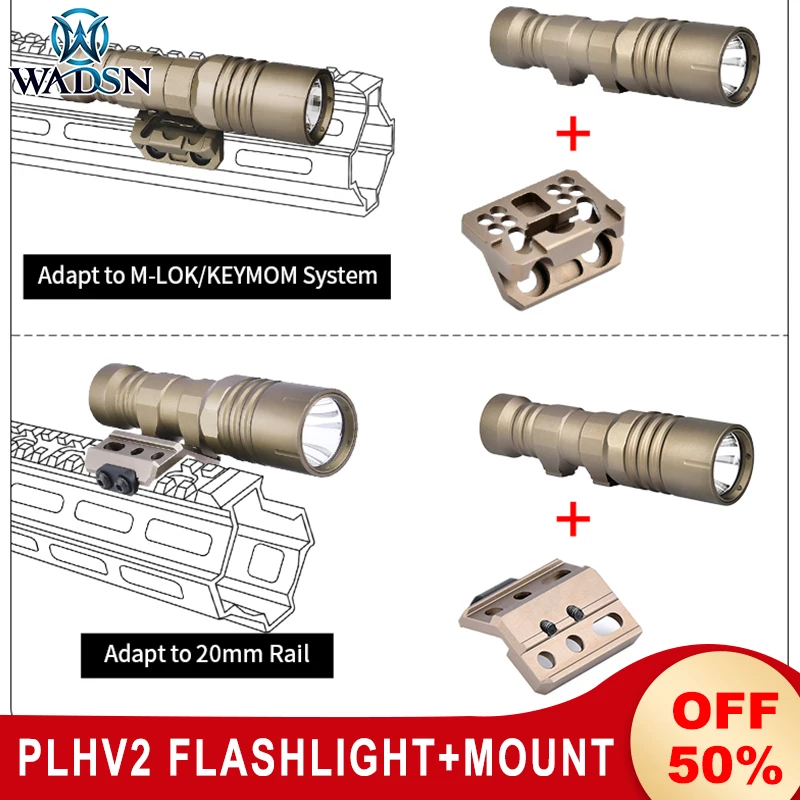 WADSN Metal PLHv2 Tactical Flashlight  Mlok Keymod Mount Picatinny Base Dual Function Pressure Switch Hunting Weapon  Scout Lamp