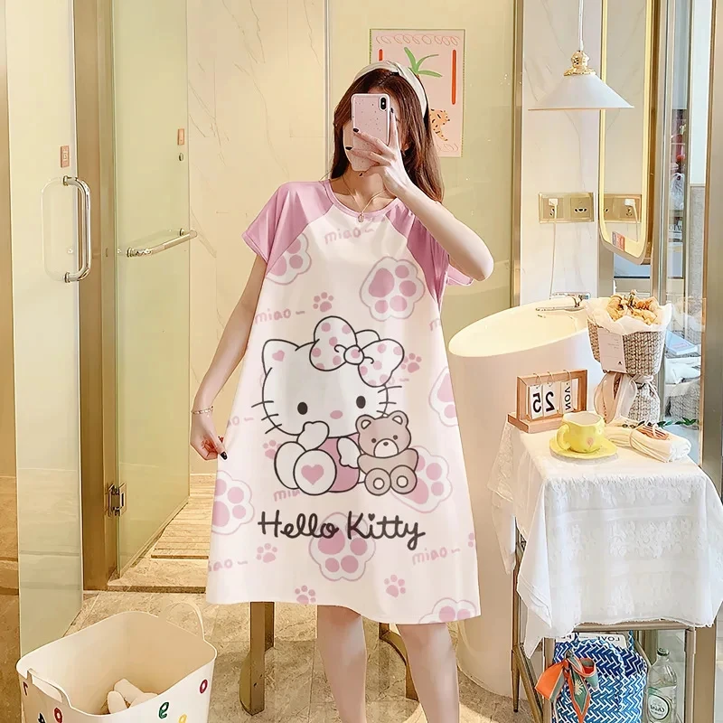 Kawaii Hello Kitty Summer New Ladies Nightdress Anime Sanrio Kuromi Pachacco Cartoon Cute Sweet Cotton Pajamas Homewear 2024