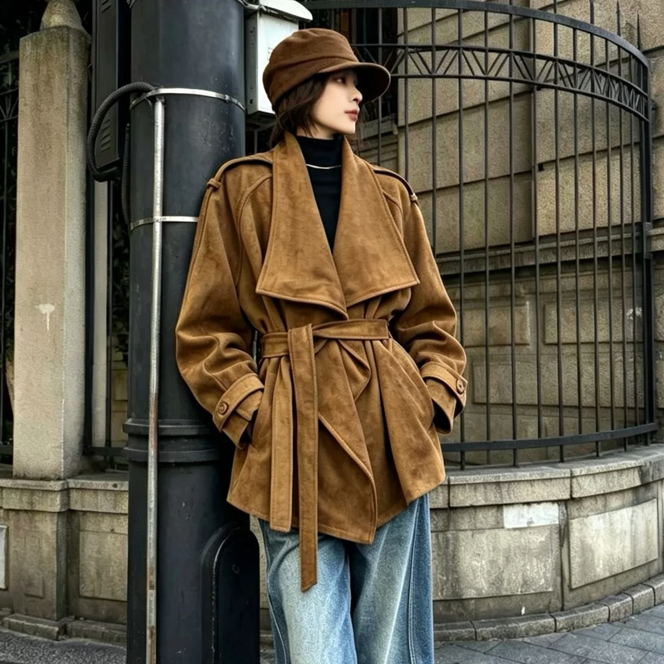 RU 2026 Women Shawl Lapel Suede Effect Wrap Trench Coat Self Tie Belt Epaulet Design Autumn Winter Retro Chic Outerwear