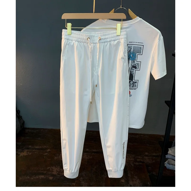 

Summer thin ice silk casual pants for men, 2025 new fashionable breathable drawstring leg tied sports pants