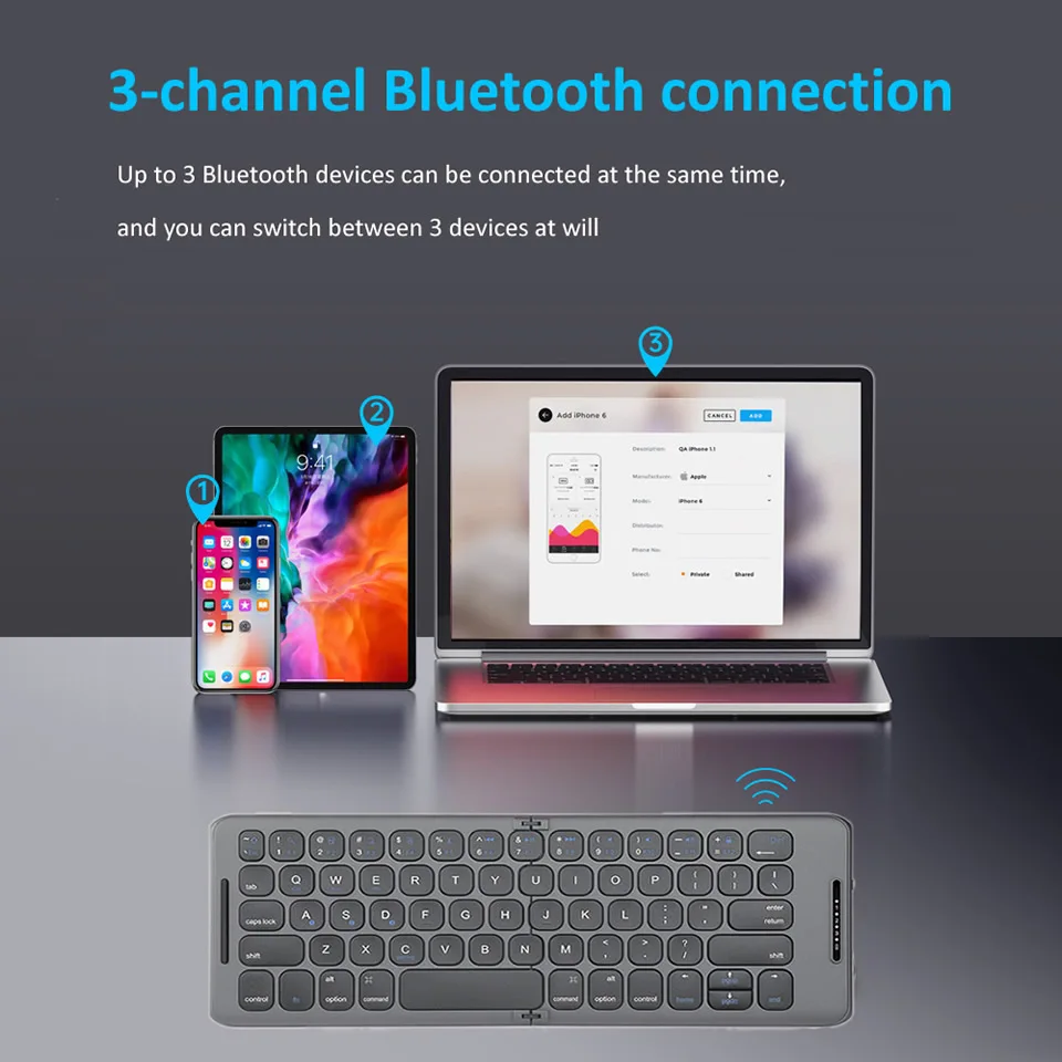HKXA Foldable 5.1 Bluetooth Keyboard USB Type C for Windows Android IOS for iPad Computer Tablet PC Phone Keyboard 3-Device Sync