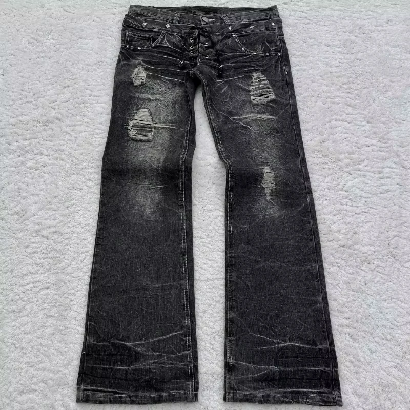 

Y2K Washed Jeans Gothic Retro Micro Flared Double Waisted Lace Up Pants Men Women Streetwear High Quality Design Sense Trousers