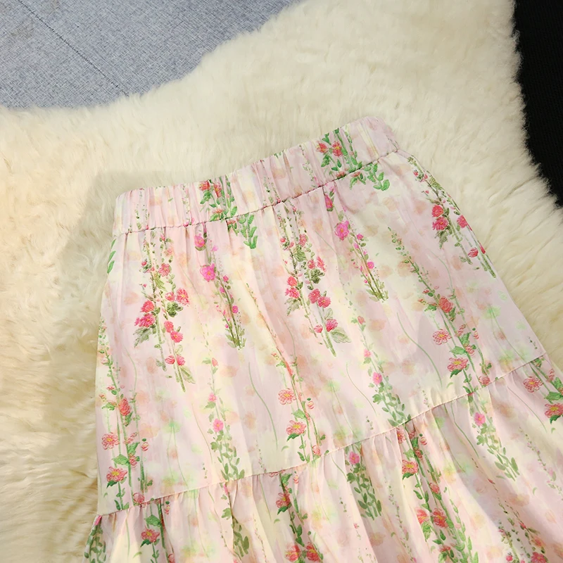 Seoulish Spring Summer Korean Floral Long Skirt For Women Korean Style High Waist Elegant Casual A-Line Skirt With Lining
