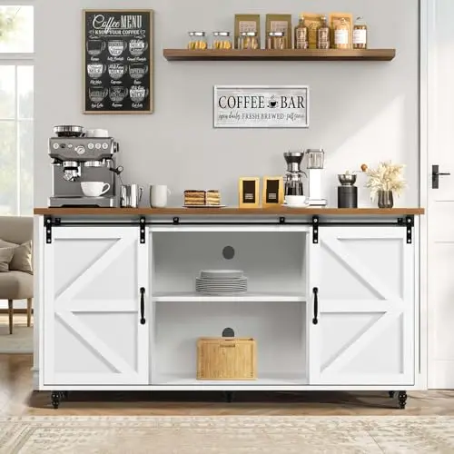 Farmhouse Coffee Bar Cabinet with Sliding Barn Door, 58